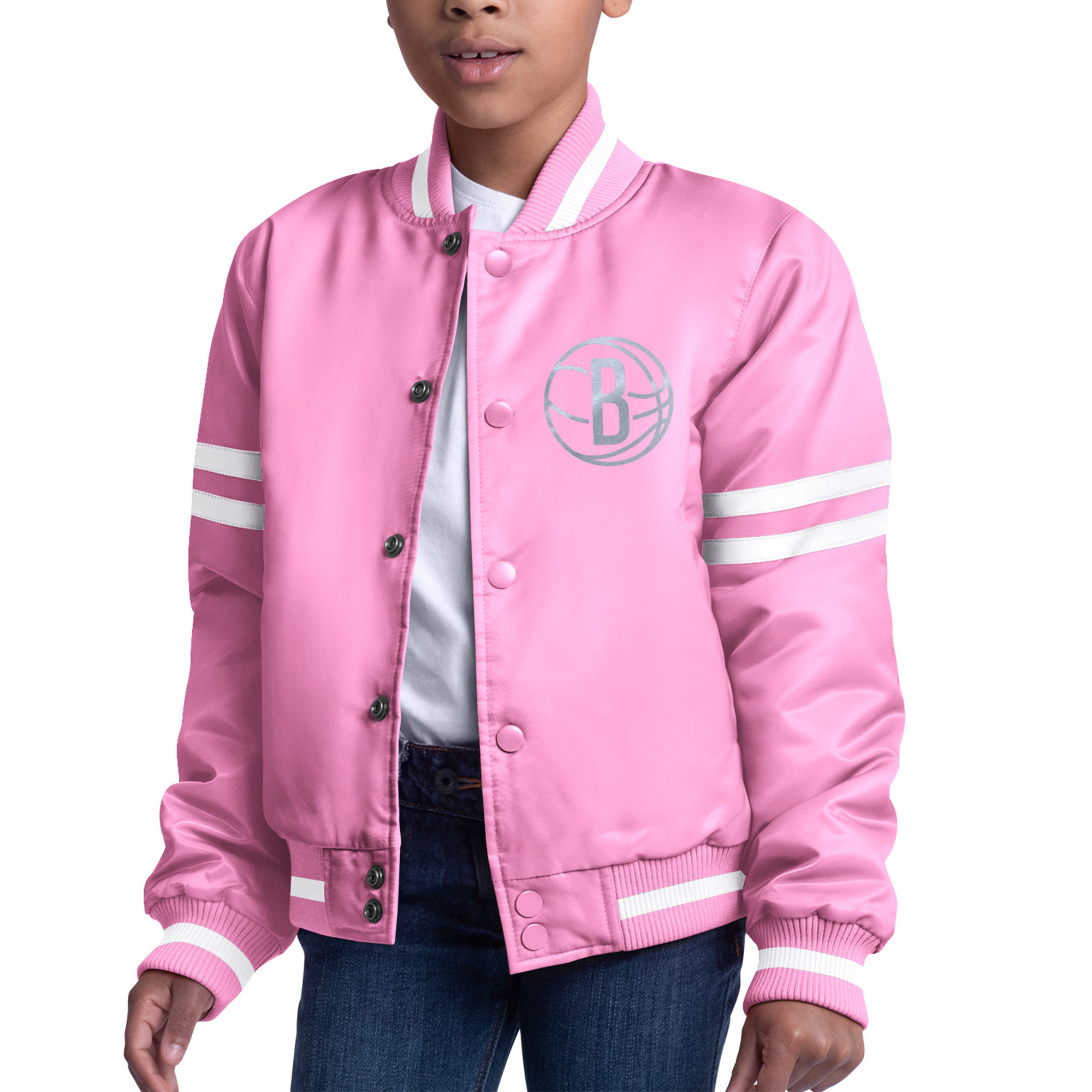 Girls Youth Starter  Pink Brooklyn Nets Fashion Script Full-Snap Varsity Jacket