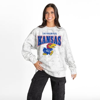 Women's Gameday Couture  Ash Kansas Jayhawks Rally Ready Premium Fleece Camo Sweatshirt