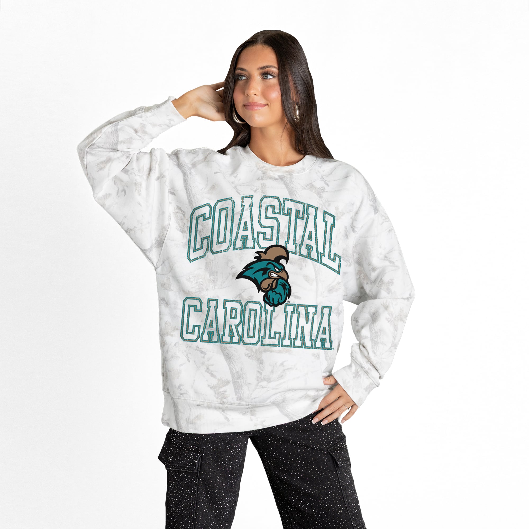 Women's Gameday Couture  Ash Coastal Carolina Chanticleers Whiteout Premium Fleece Camo Sweatshirt