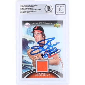"Jim Palmer Baltimore Orioles Autographed 2007 Upper Deck Sweet Spot Classic Memorabilia GU Relic #CM-JP Beckett Fanatics Witnessed Authenticated 10 Card with ""HOF 90"" Inscription"