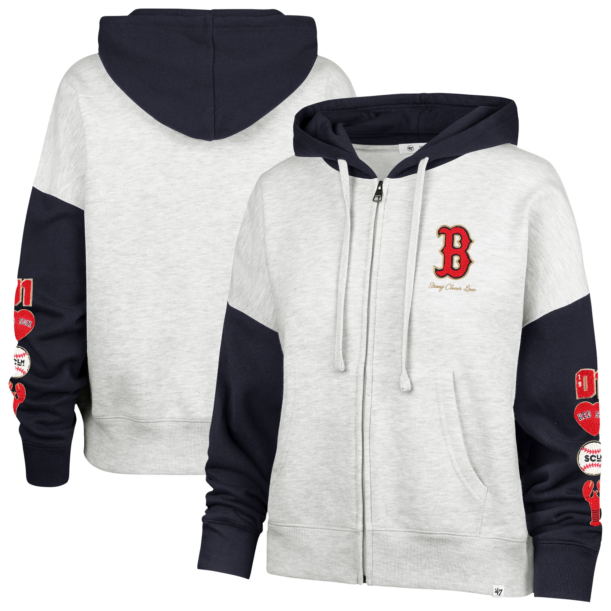Women's '47 x Stoney Clover Lane Heather Gray/Navy Boston Red Sox Color Block Full-Zip Hoodie