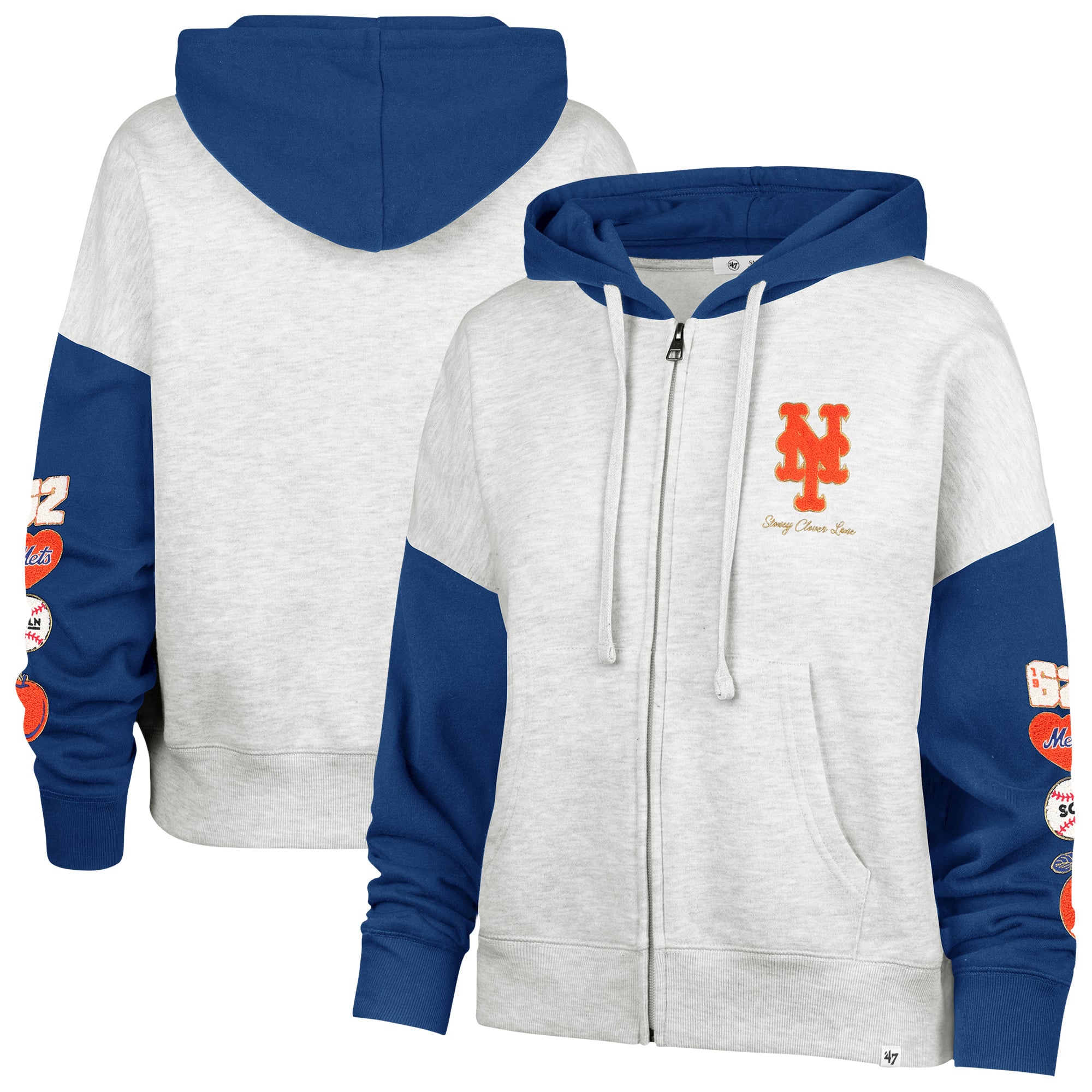 Women's '47 x Stoney Clover Lane Heather Gray/Royal New York Mets Color Block Full-Zip Hoodie
