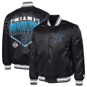 Men's Starter  Black Miami Marlins Home Plate Printed Graphic Satin Full-Snap Varsity Jacket
