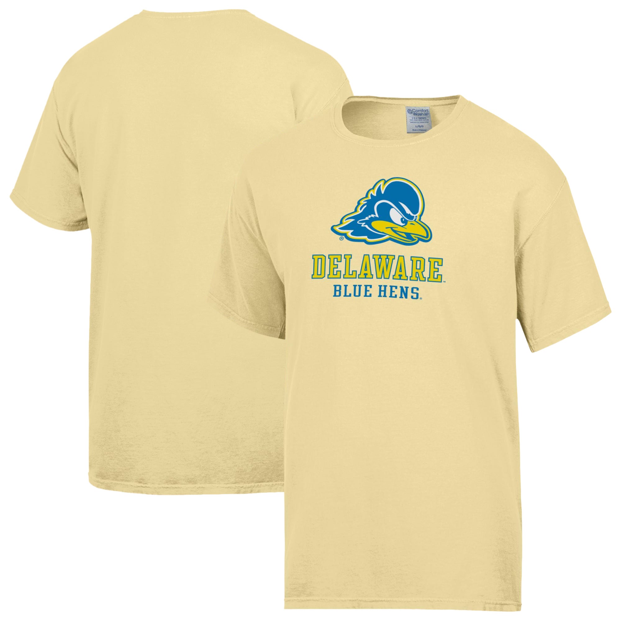 Men's ComfortWash Yellow Delaware Fightin' Blue Hens Logo Over Stacked T-Shirt