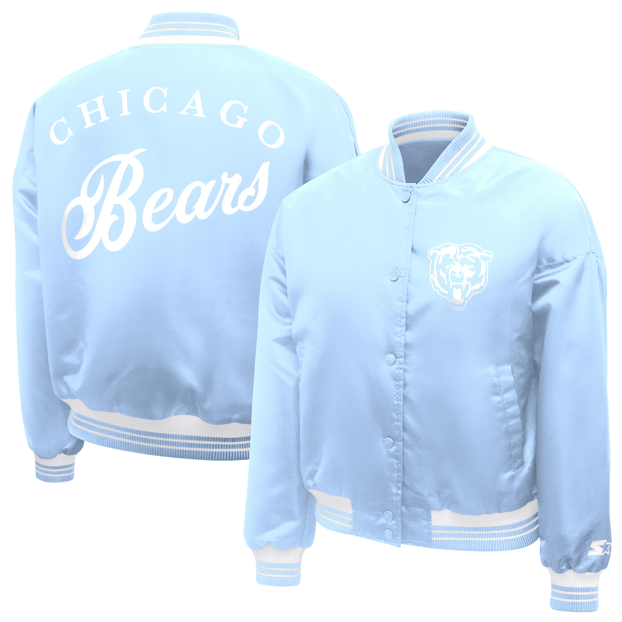 Women's Starter Light Blue Chicago Bears Fashion Script Satin Varsity Jacket