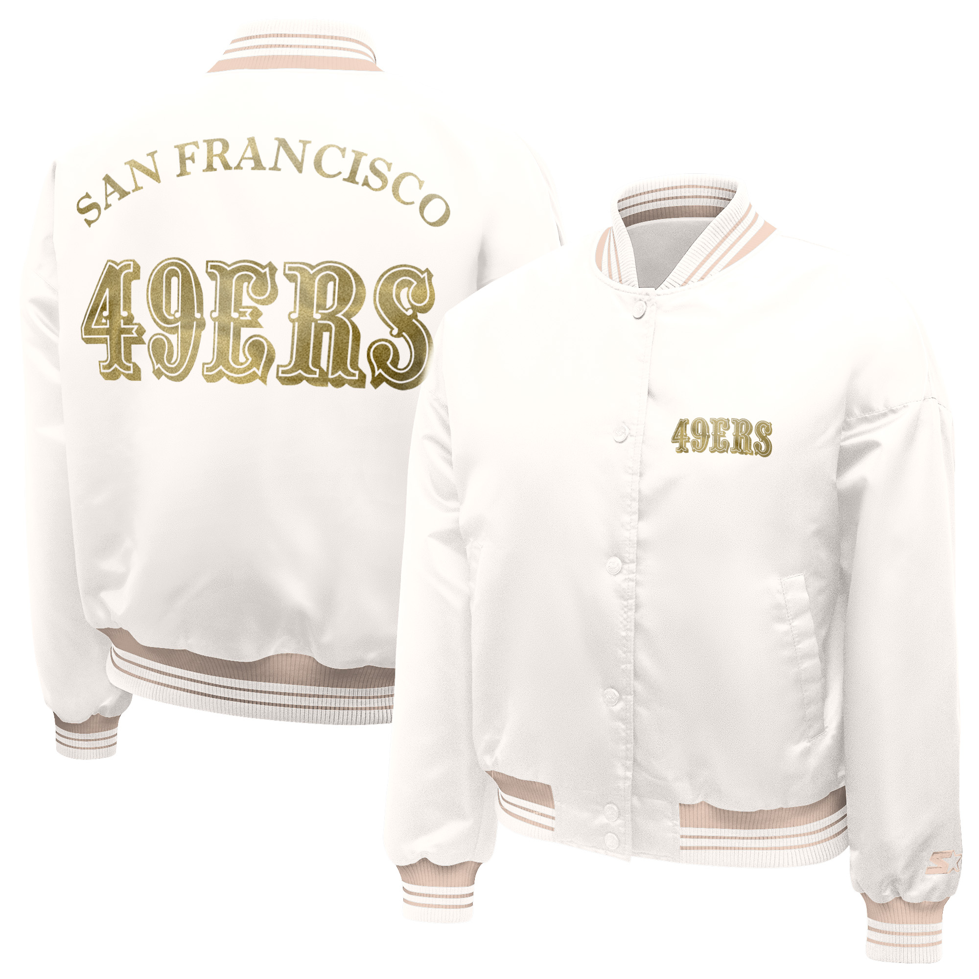 Women's Starter  Cream San Francisco 49ers Fashion Script Satin Varsity Jacket