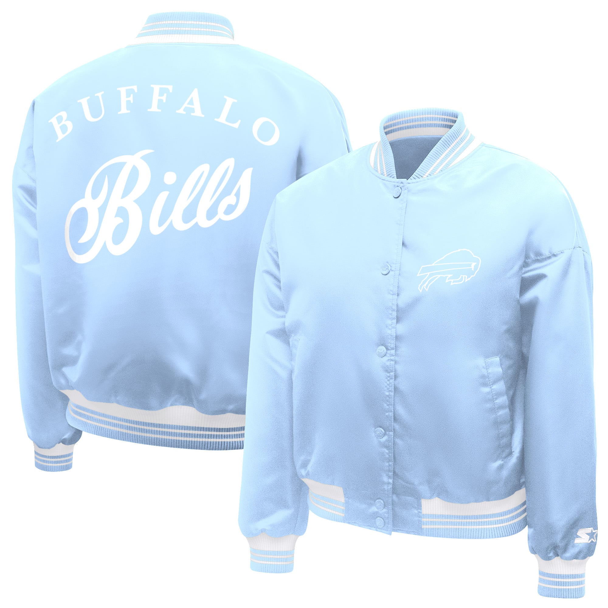Women’s Starter Light Blue Buffalo Bills Fashion Script Satin Varsity Jacket
