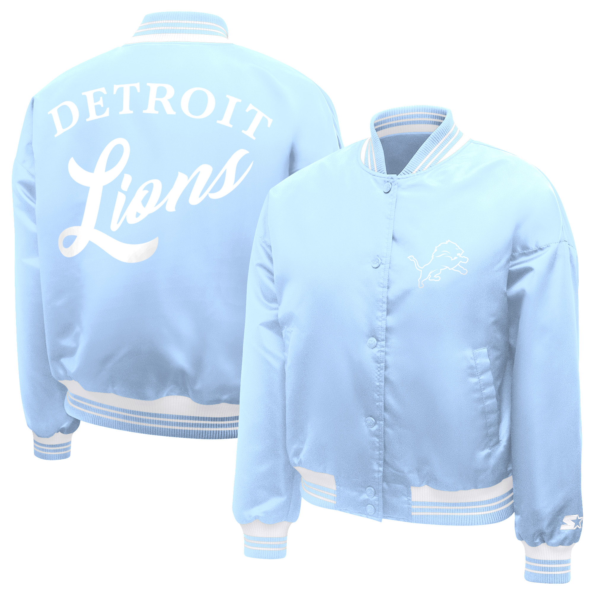 Women's Starter Light Blue Detroit Lions Fashion Script Satin Full-Snap Varsity Jacket