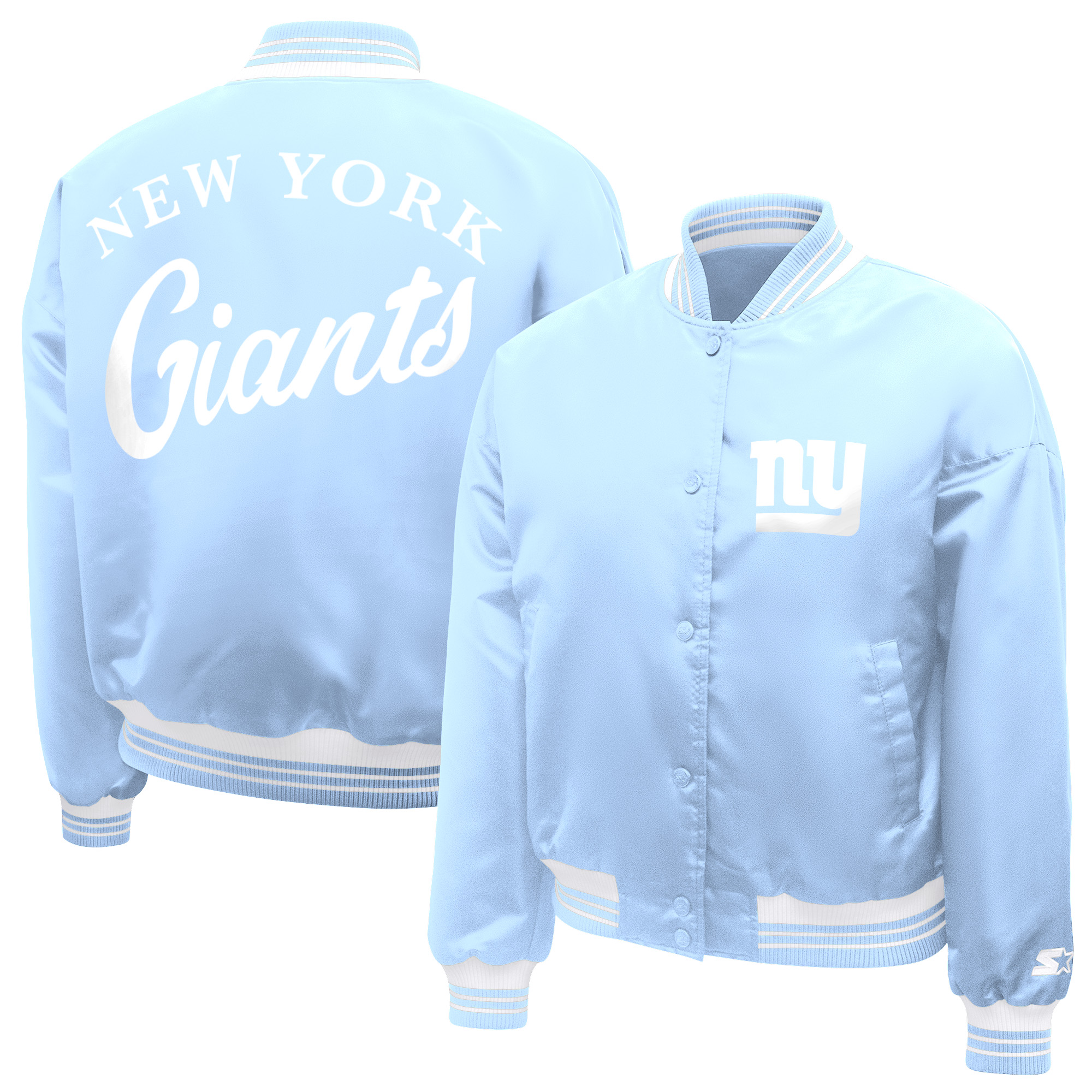 Women's Starter  Light Blue New York Giants Fashion Script Satin Varsity Jacket