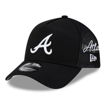 Men's New Era Black Atlanta Braves Side Script 9FORTY A-Frame Trucker Adjustable Hat