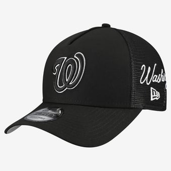 Men's New Era Black Washington Nationals Side Script 9FORTY A-Frame Trucker Adjustable Hat