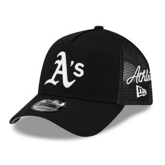 Men's New Era Black Athletics Side Script 9FORTY A-Frame Trucker Adjustable Hat