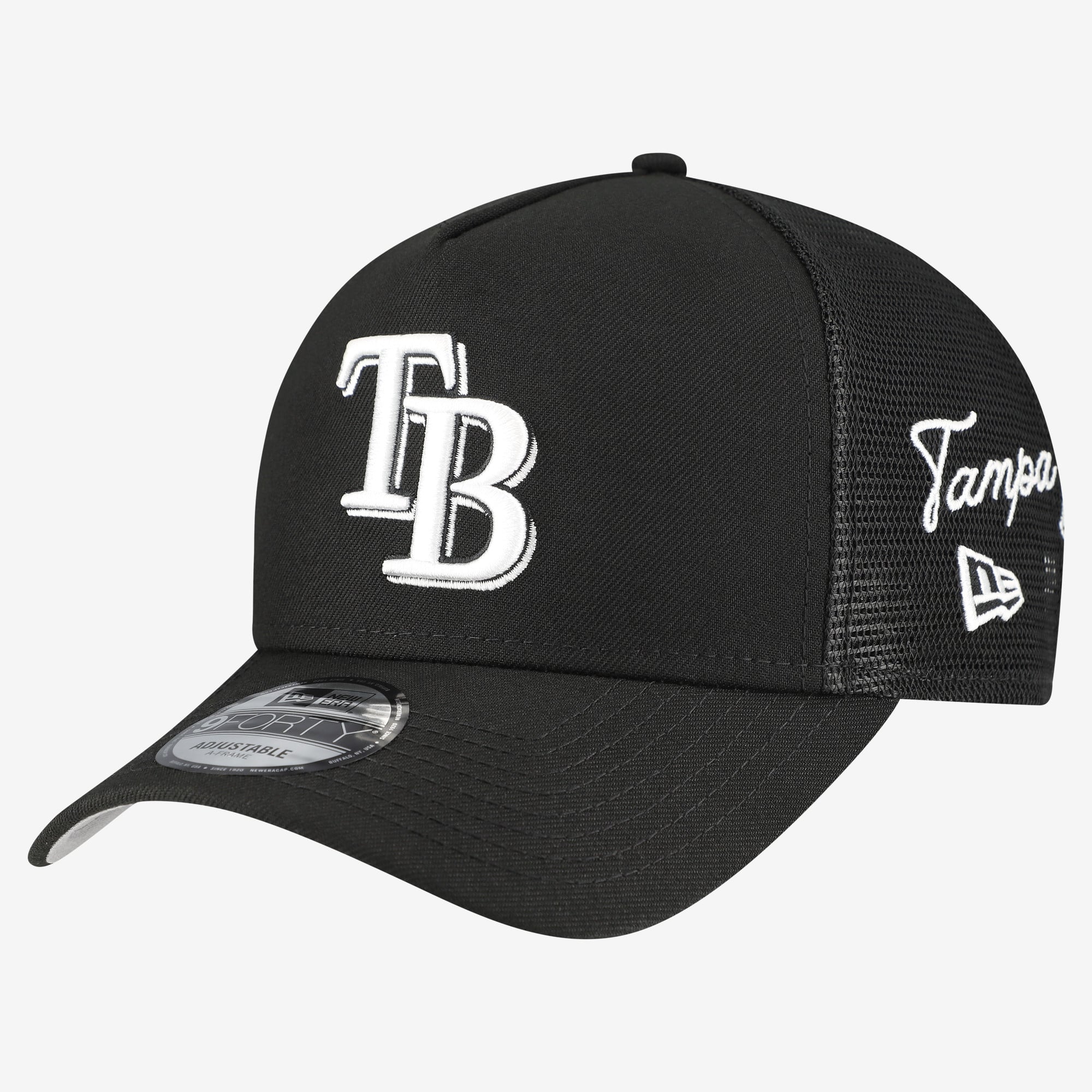 Men's New Era Black Tampa Bay Rays Side Script 9FORTY A-Frame Trucker Adjustable Hat