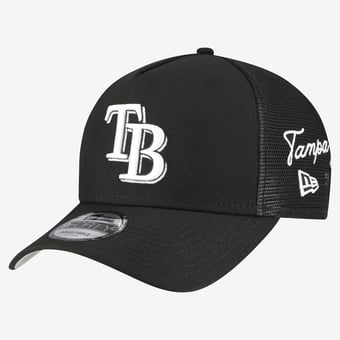 Men's New Era Black Tampa Bay Rays Side Script 9FORTY A-Frame Trucker Adjustable Hat