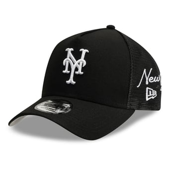 Men's New Era Black New York Mets Side Script 9FORTY A-Frame Trucker Adjustable Hat