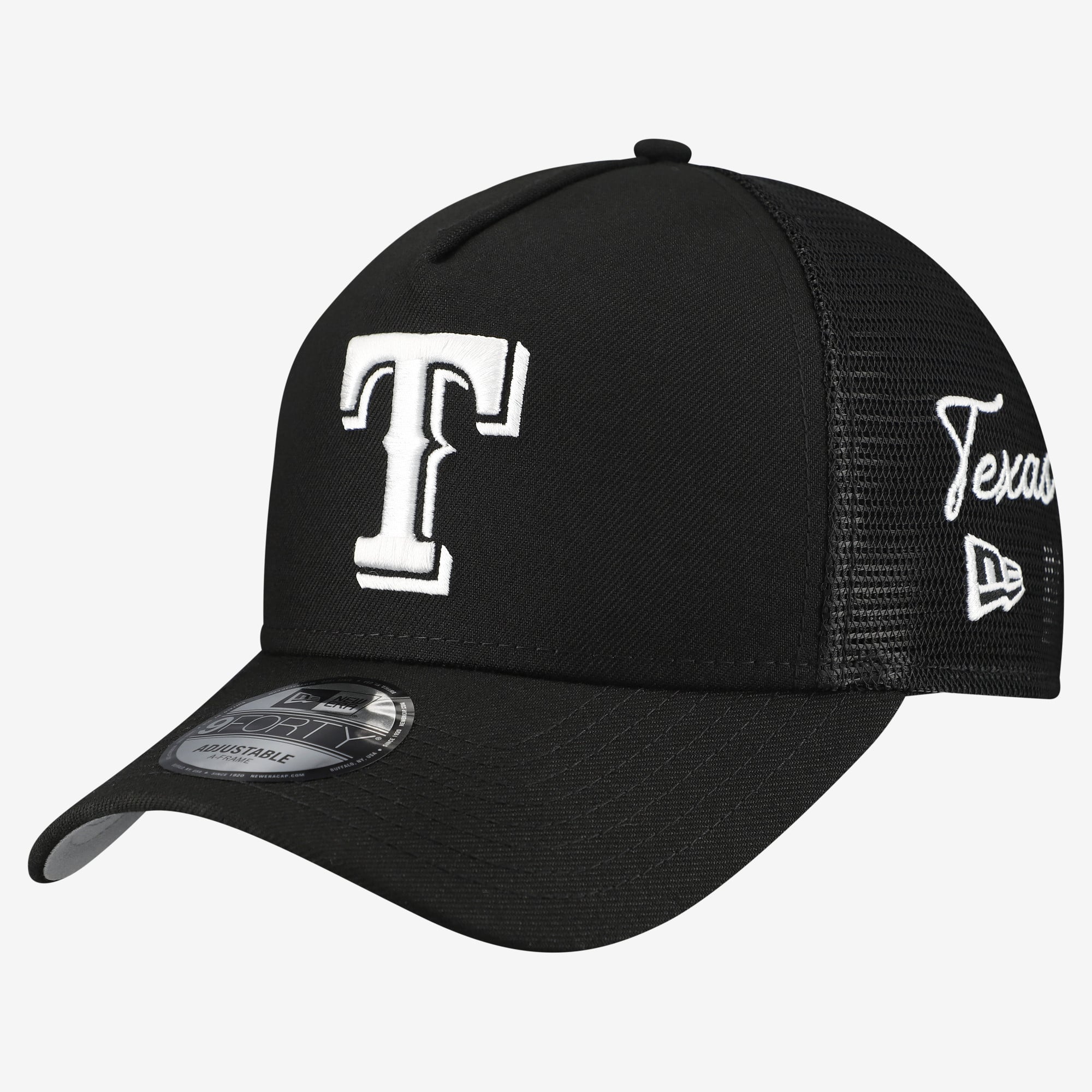 Men's New Era Black Texas Rangers Side Script 9FORTY A-Frame Trucker Adjustable Hat
