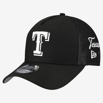 Men's New Era Black Texas Rangers Side Script 9FORTY A-Frame Trucker Adjustable Hat