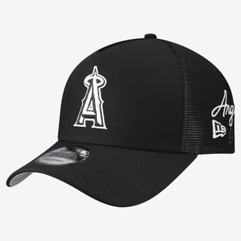 Men's New Era Black Los Angeles Angels Side Script 9FORTY A-Frame Trucker Adjustable Hat