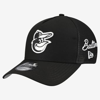 Men's New Era Black Baltimore Orioles Side Script 9FORTY A-Frame Trucker Adjustable Hat