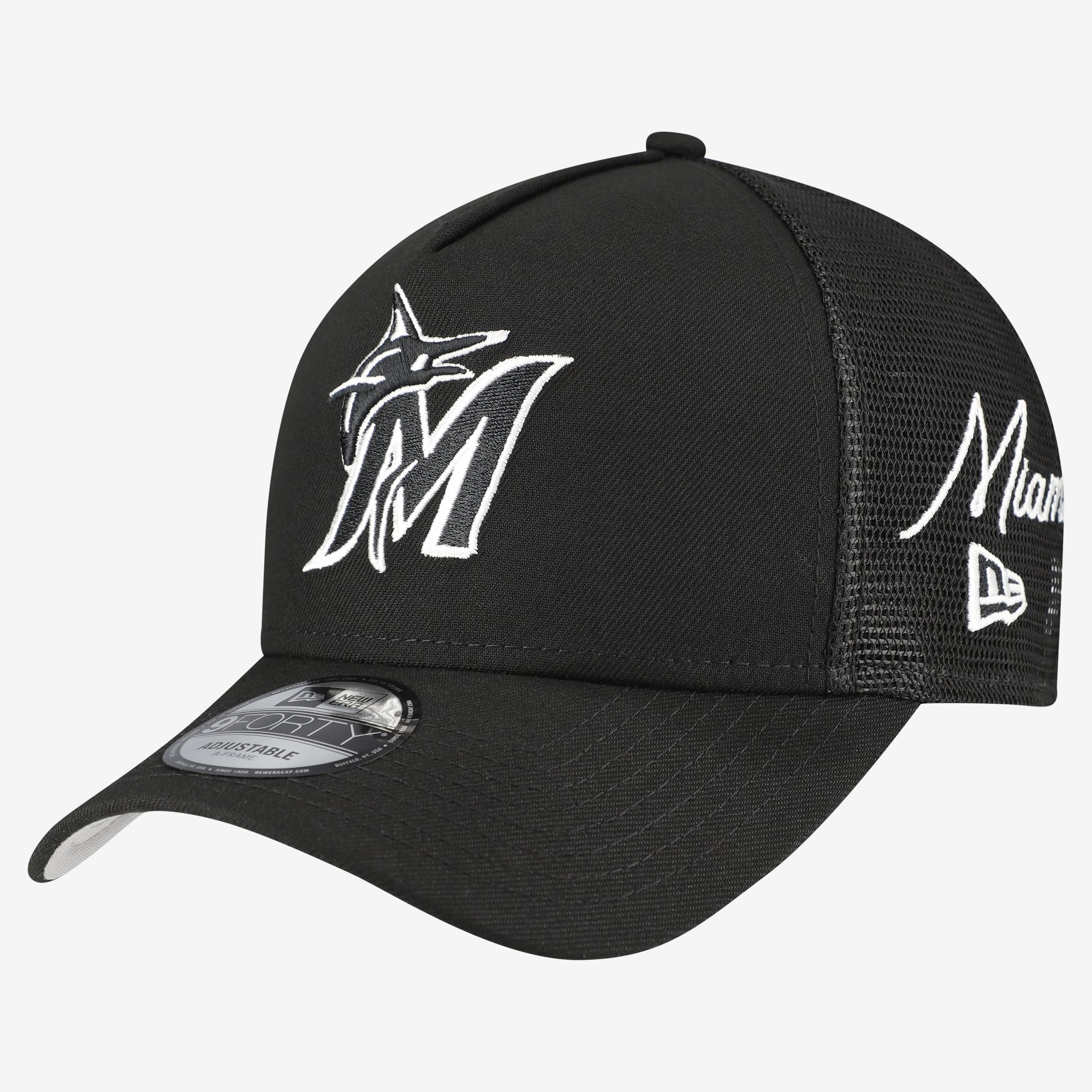 Men's New Era Black Miami Marlins Side Script 9FORTY A-Frame Trucker Adjustable Hat
