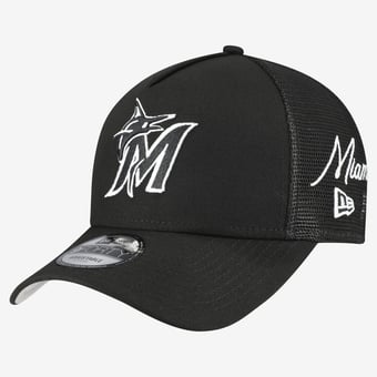 Men's New Era Black Miami Marlins Side Script 9FORTY A-Frame Trucker Adjustable Hat