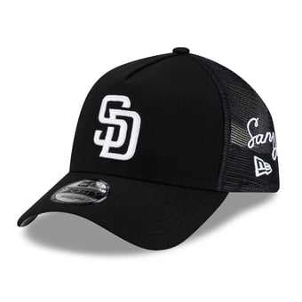 Men's New Era Black San Diego Padres Side Script 9FORTY A-Frame Trucker Adjustable Hat