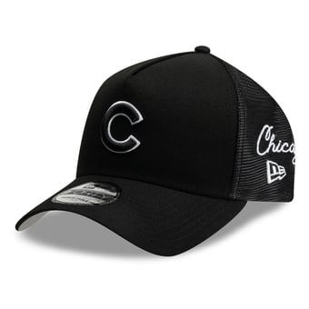 Men's New Era Black Chicago Cubs Side Script 9FORTY A-Frame Trucker Adjustable Hat