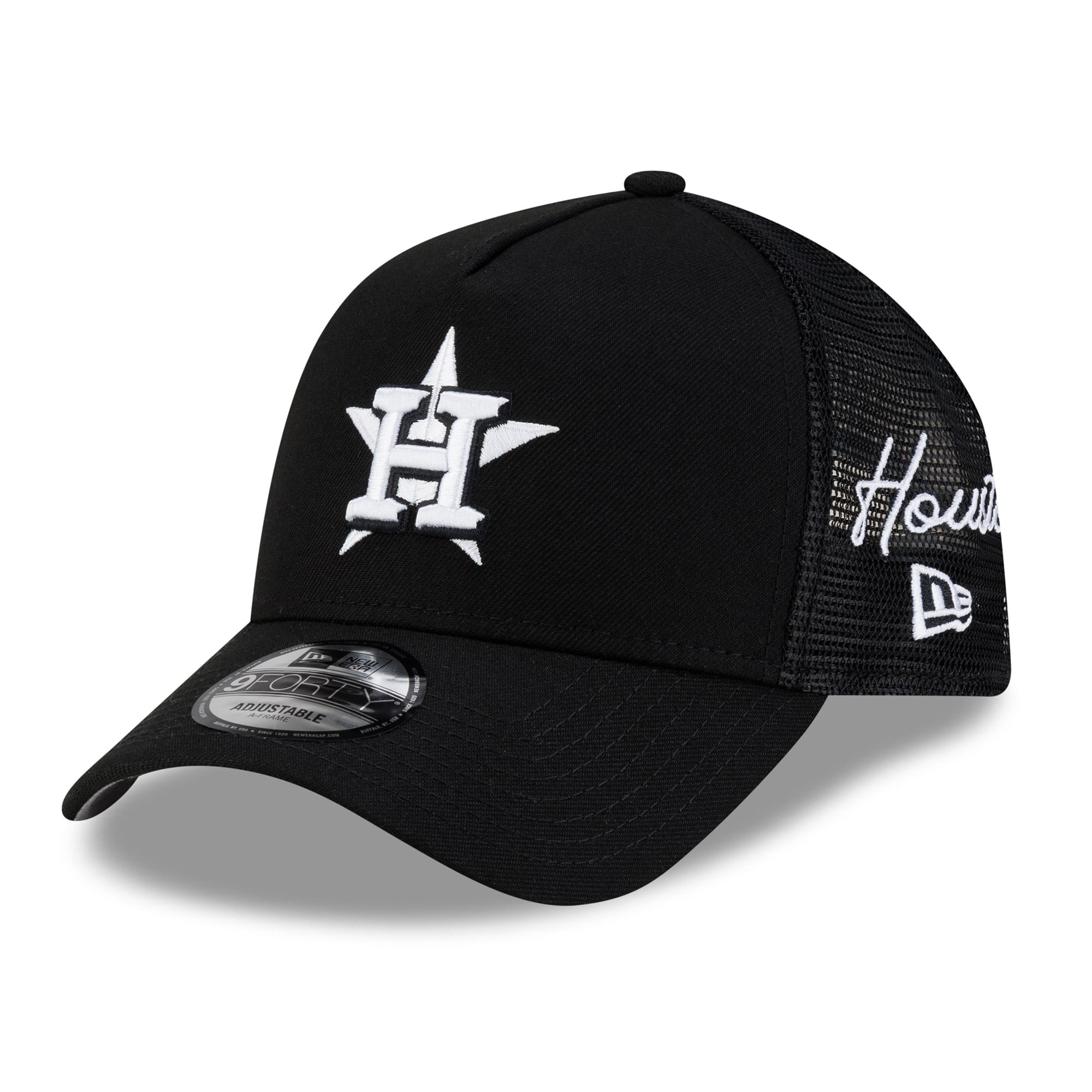 Men's New Era Black Houston Astros Side Script 9FORTY A-Frame Trucker Adjustable Hat