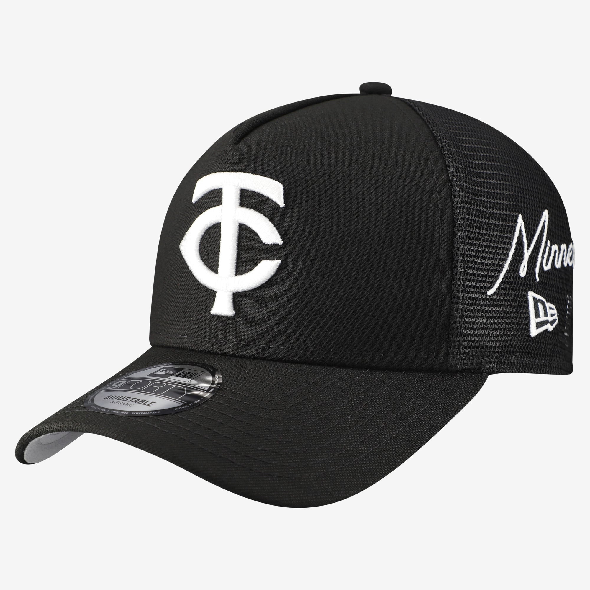 Men's New Era Black Minnesota Twins Side Script 9FORTY A-Frame Trucker Adjustable Hat