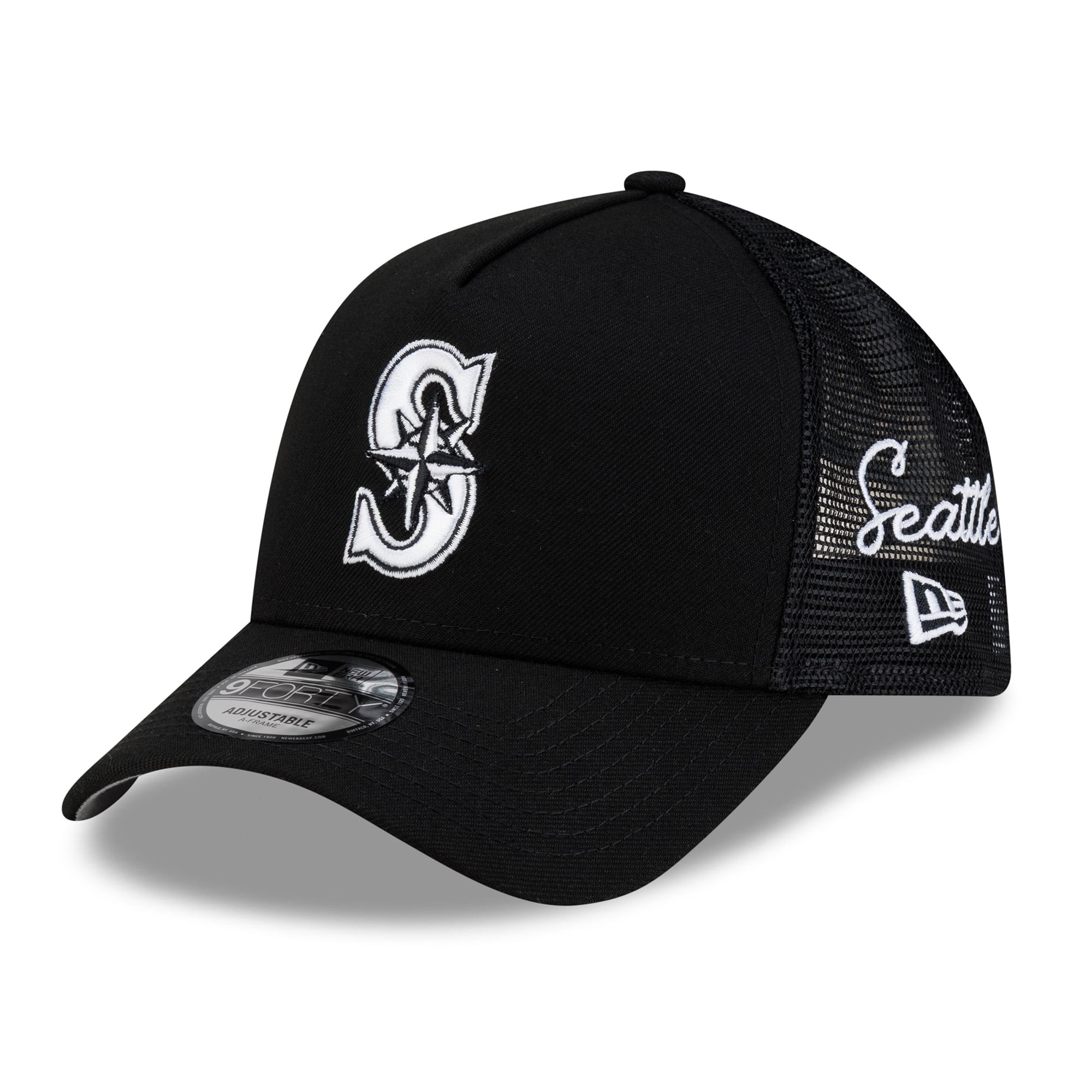Men's New Era Black Seattle Mariners Side Script 9FORTY A-Frame Trucker Adjustable Hat
