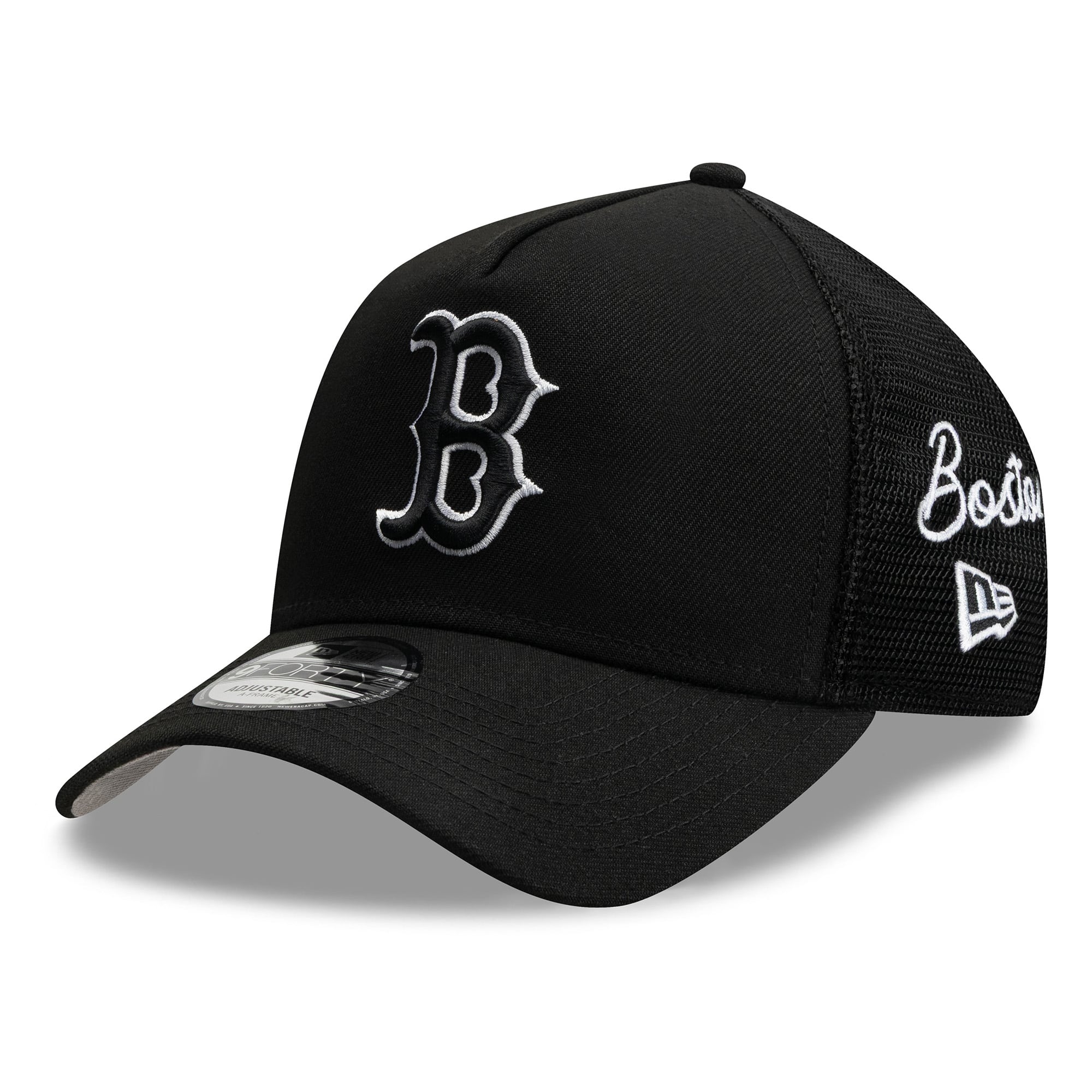 Men's New Era Black Boston Red Sox Side Script 9FORTY A-Frame Trucker Adjustable Hat