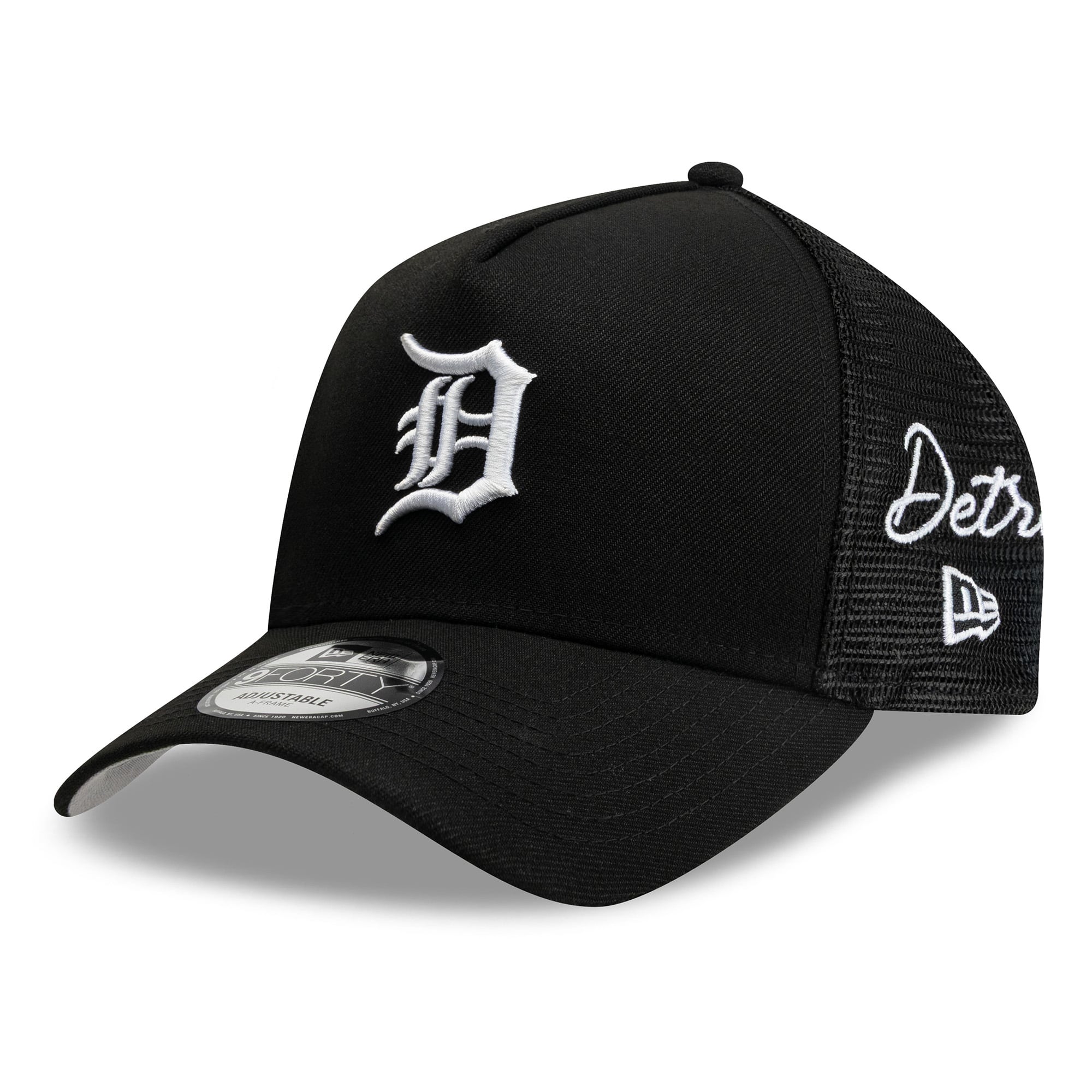 Men's New Era Black Detroit Tigers Side Script 9FORTY A-Frame Trucker Adjustable Hat