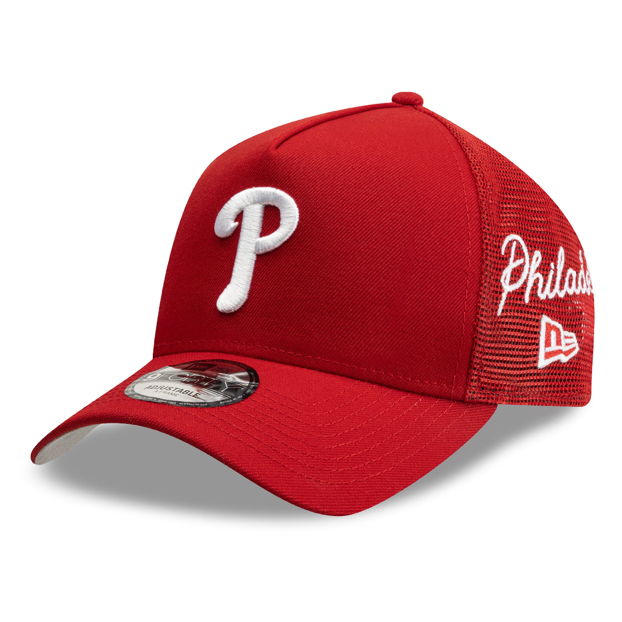 Men's New Era Philadelphia Phillies Side Script 9FORTY A-Frame Trucker Adjustable Hat