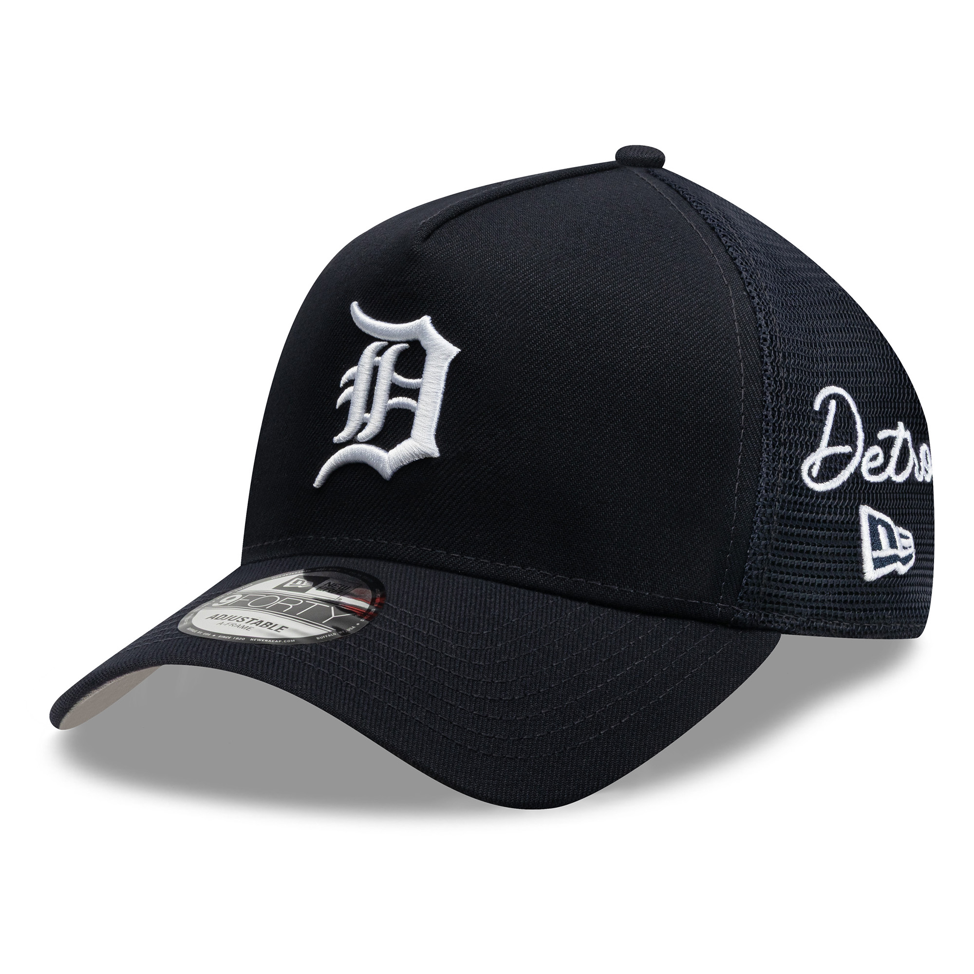 Men's New Era Navy Detroit Tigers Side Script 9FORTY A-Frame Trucker Adjustable Hat