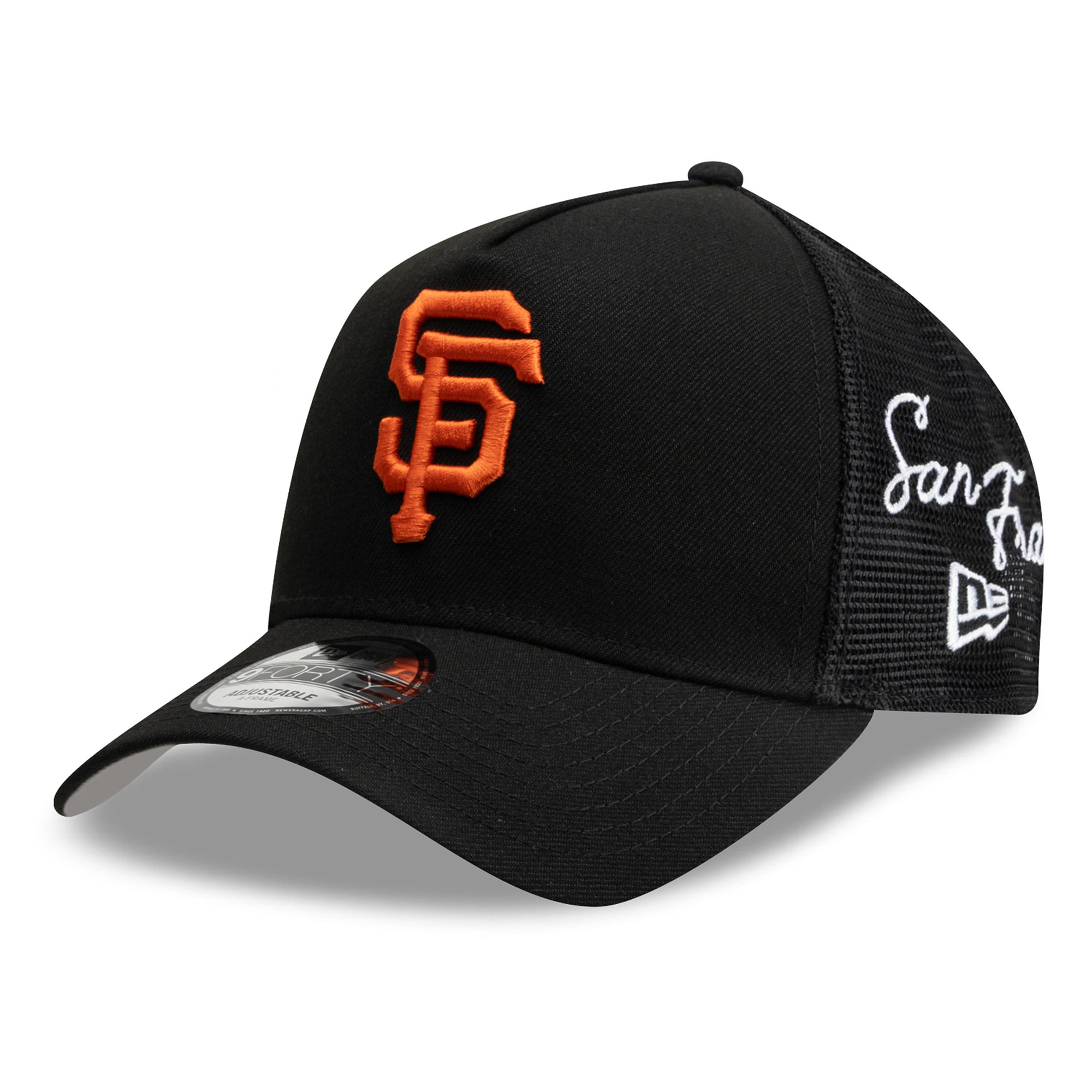 Men's New Era Black San Francisco Giants Side Script 9FORTY A-Frame Trucker Adjustable Hat