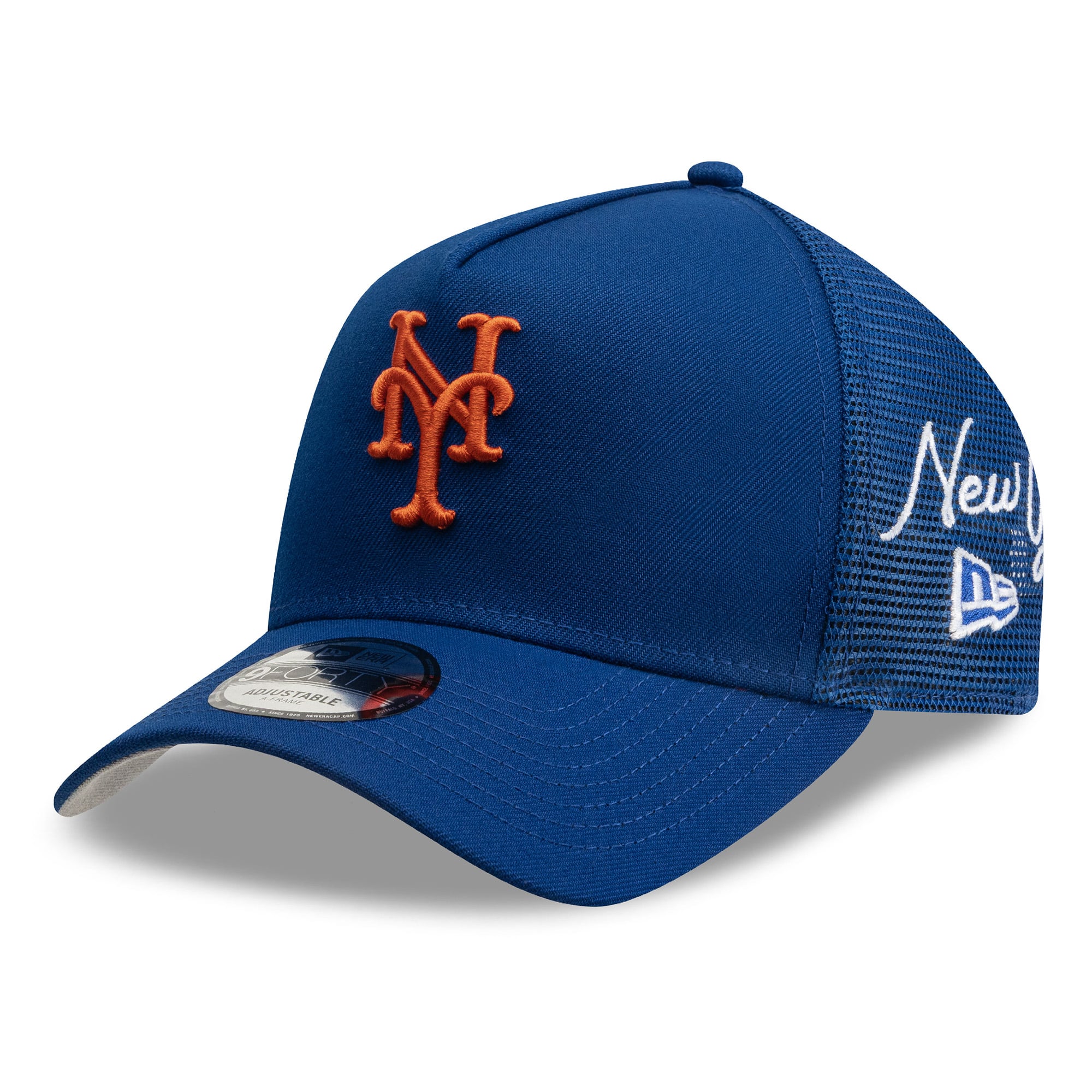 Men's New Era Royal New York Mets Side Script 9FORTY A-Frame Trucker Adjustable Hat