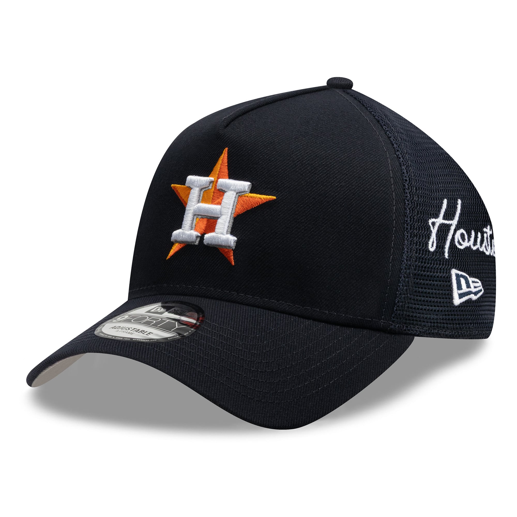 Men's New Era Navy Houston Astros Side Script 9FORTY A-Frame Trucker Adjustable Hat