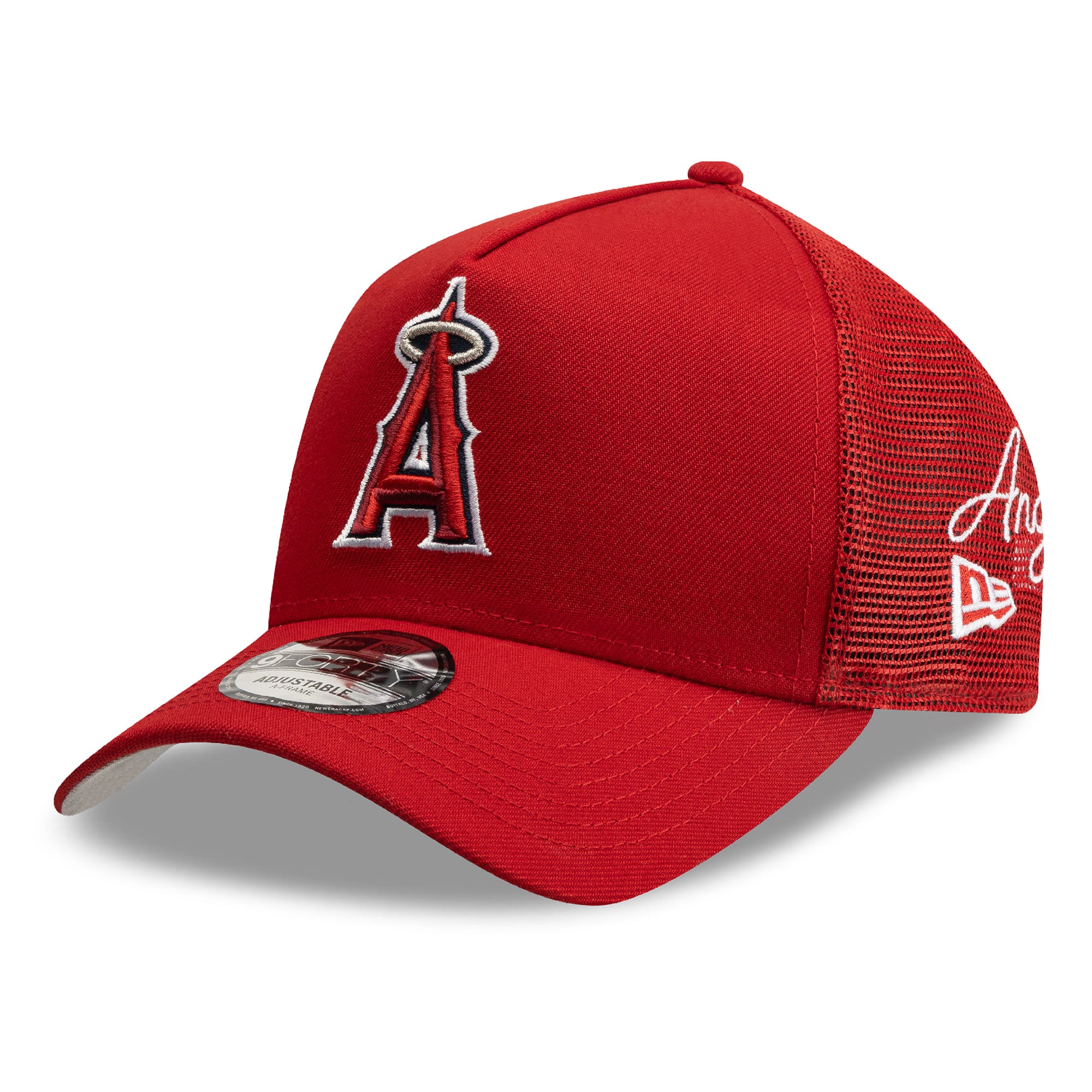 Men's New Era Los Angeles Angels Side Script 9FORTY A-Frame Trucker Adjustable Hat