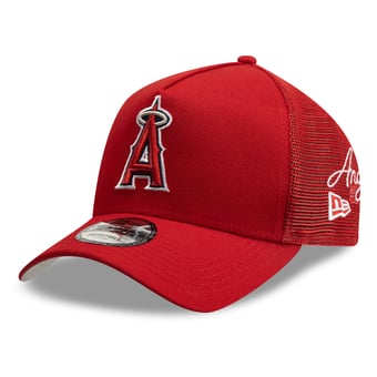 Men's New Era Red Los Angeles Angels Side Script 9FORTY A-Frame Trucker Adjustable Hat