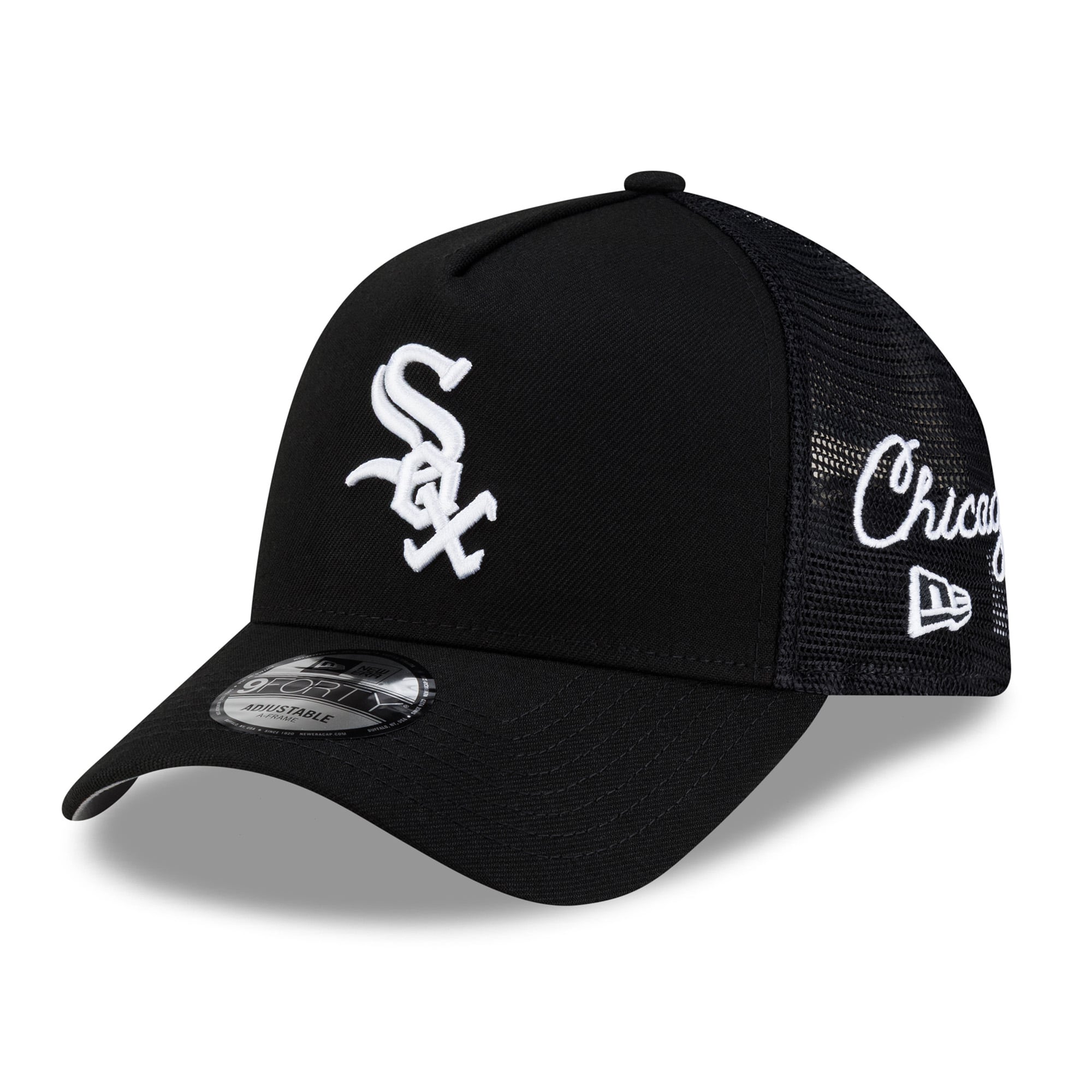 Men's New Era Black Chicago White Sox Side Script 9FORTY A-Frame Trucker Adjustable Hat