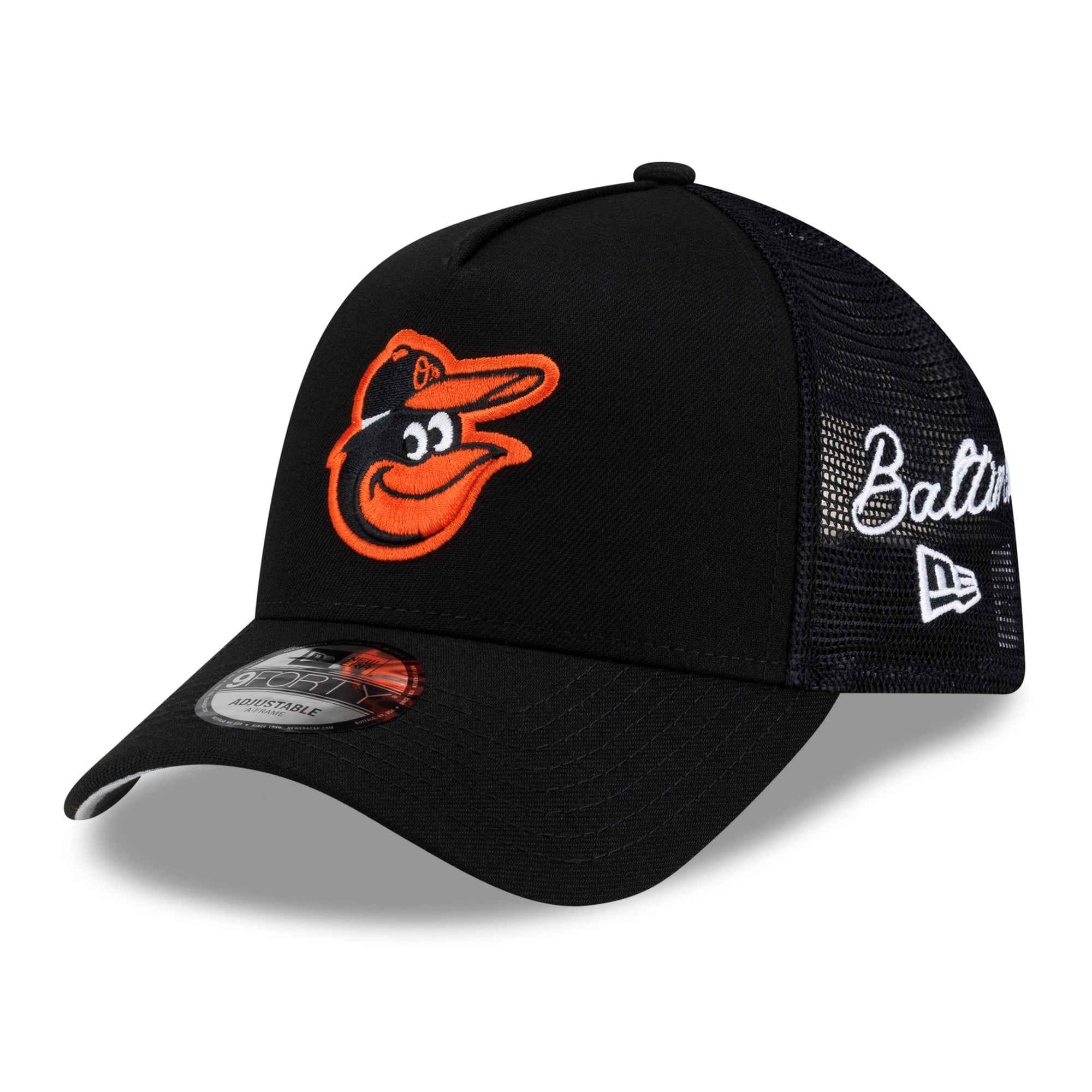 Men's New Era Black Baltimore Orioles Side Script 9FORTY A-Frame Trucker Adjustable Hat