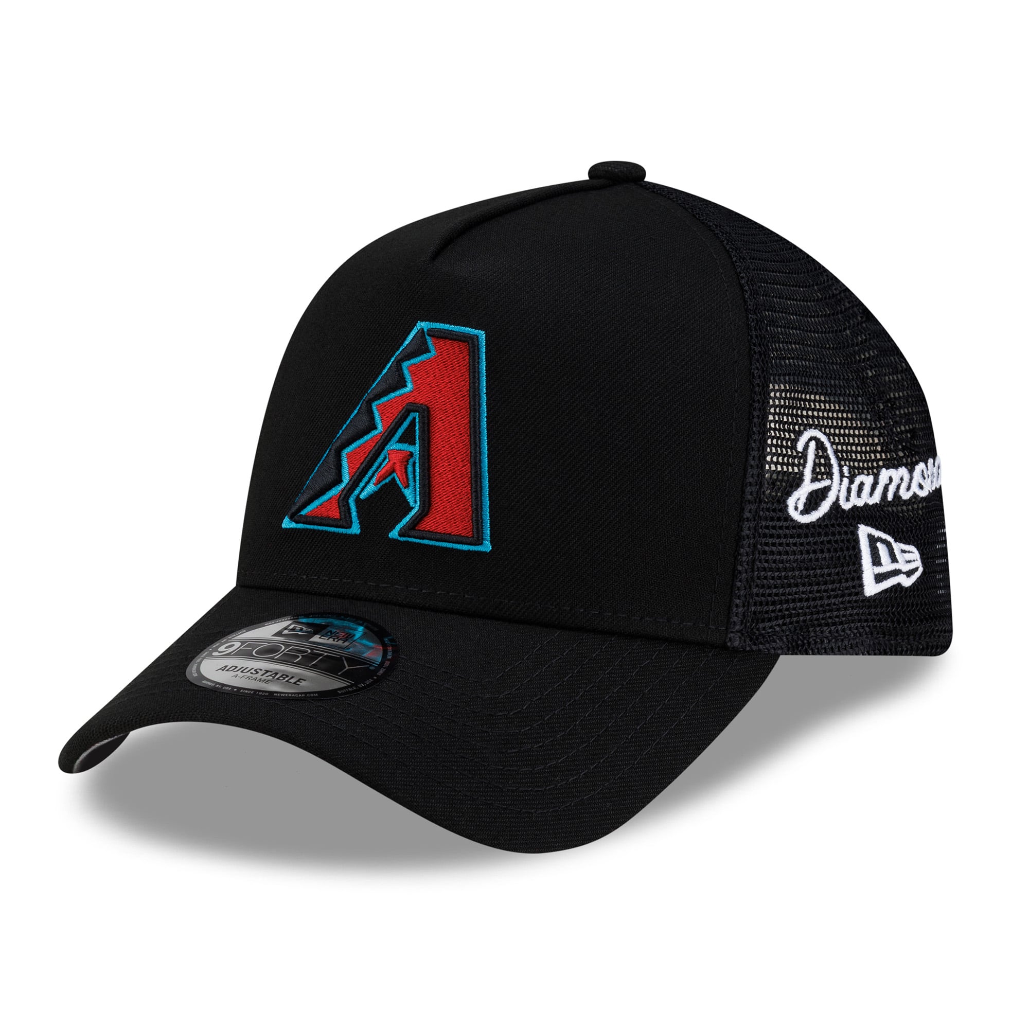 Men's New Era Black Arizona Diamondbacks Side Script 9FORTY A-Frame Trucker Adjustable Hat