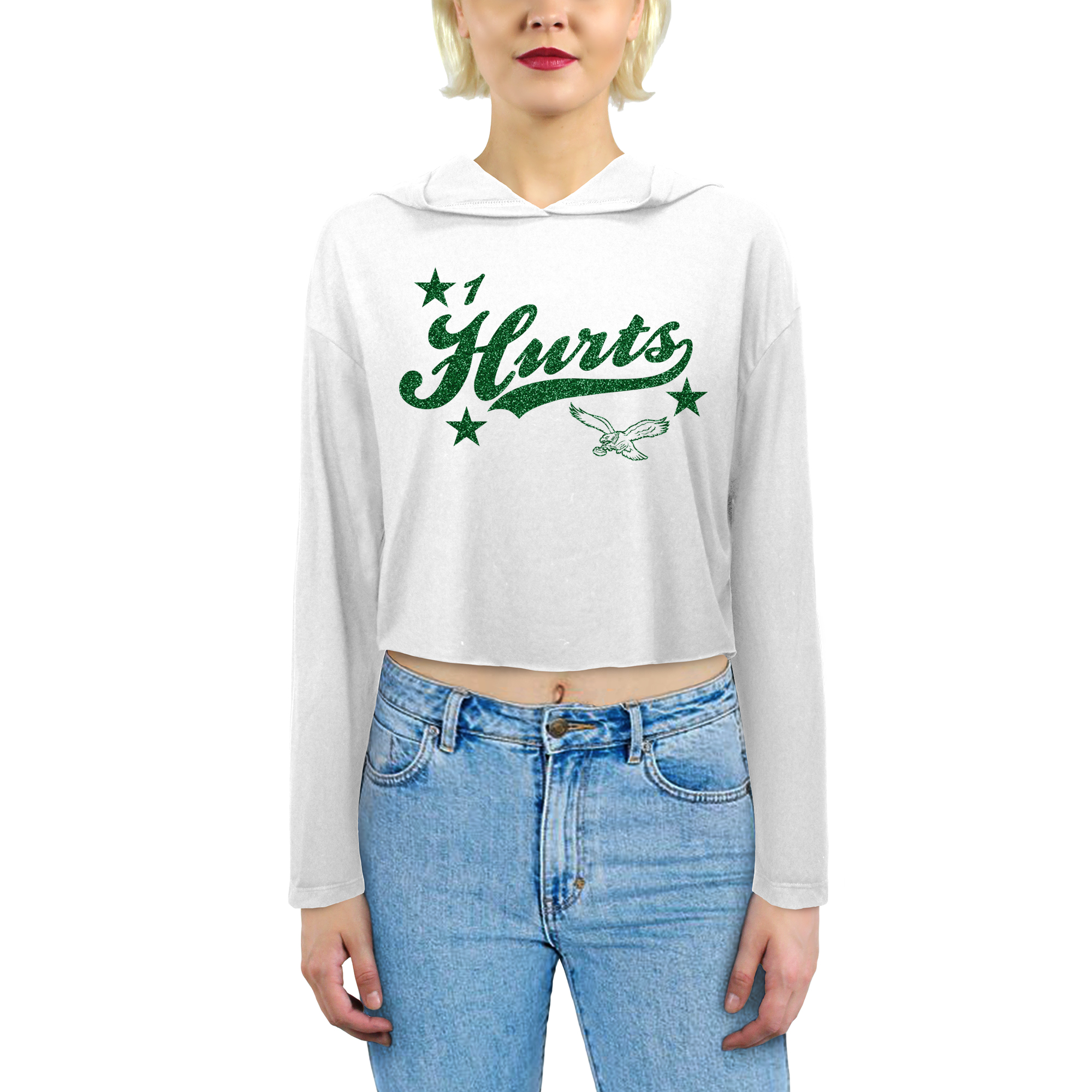 Women's Majestic Threads Jalen Hurts White Philadelphia Eagles Glitter Wordmark Hoodie