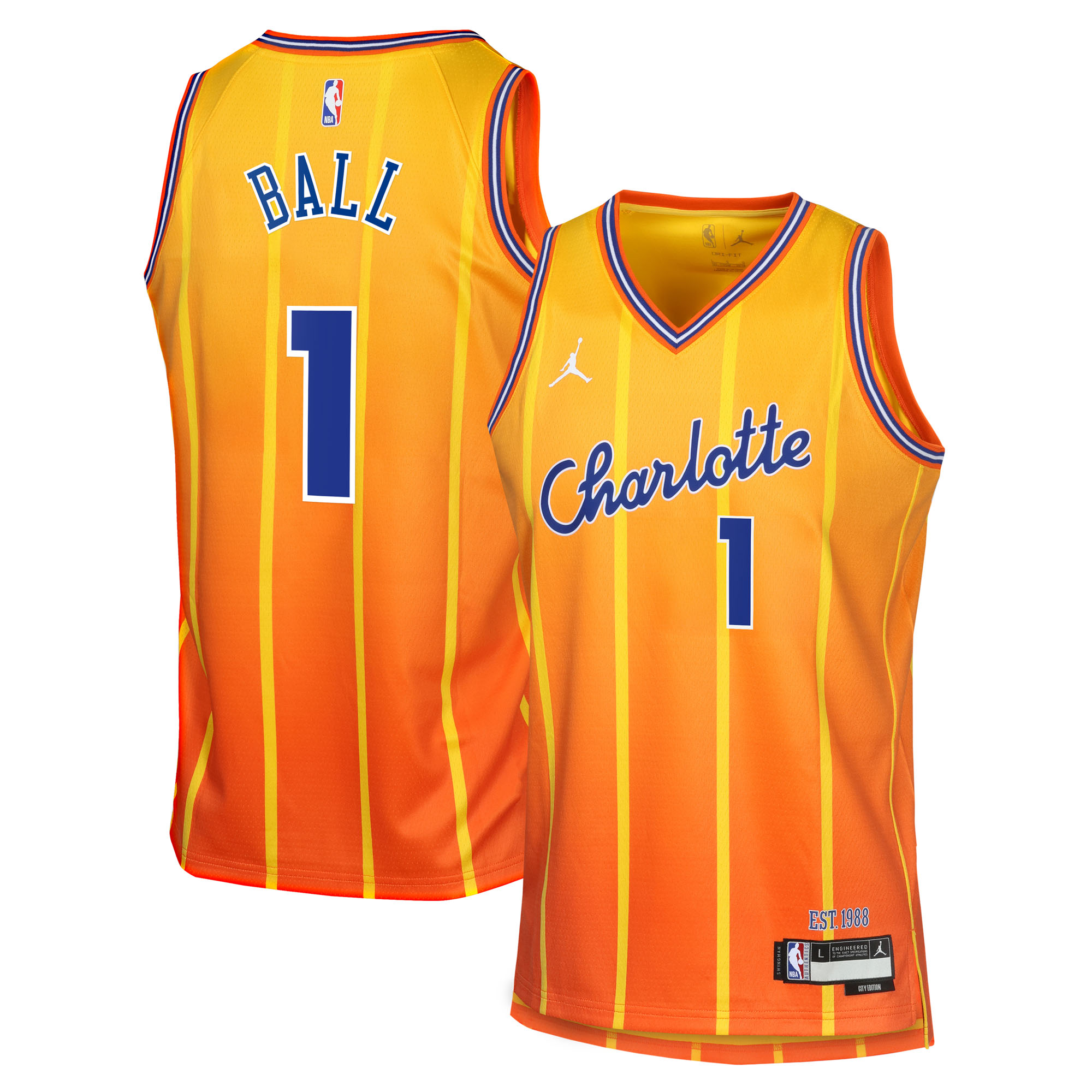 Camiseta Swingman Edición Ciudad 2025/26 de los Charlotte Hornets, marca Jordan, color dorado, de LaMelo Ball (juvenil)