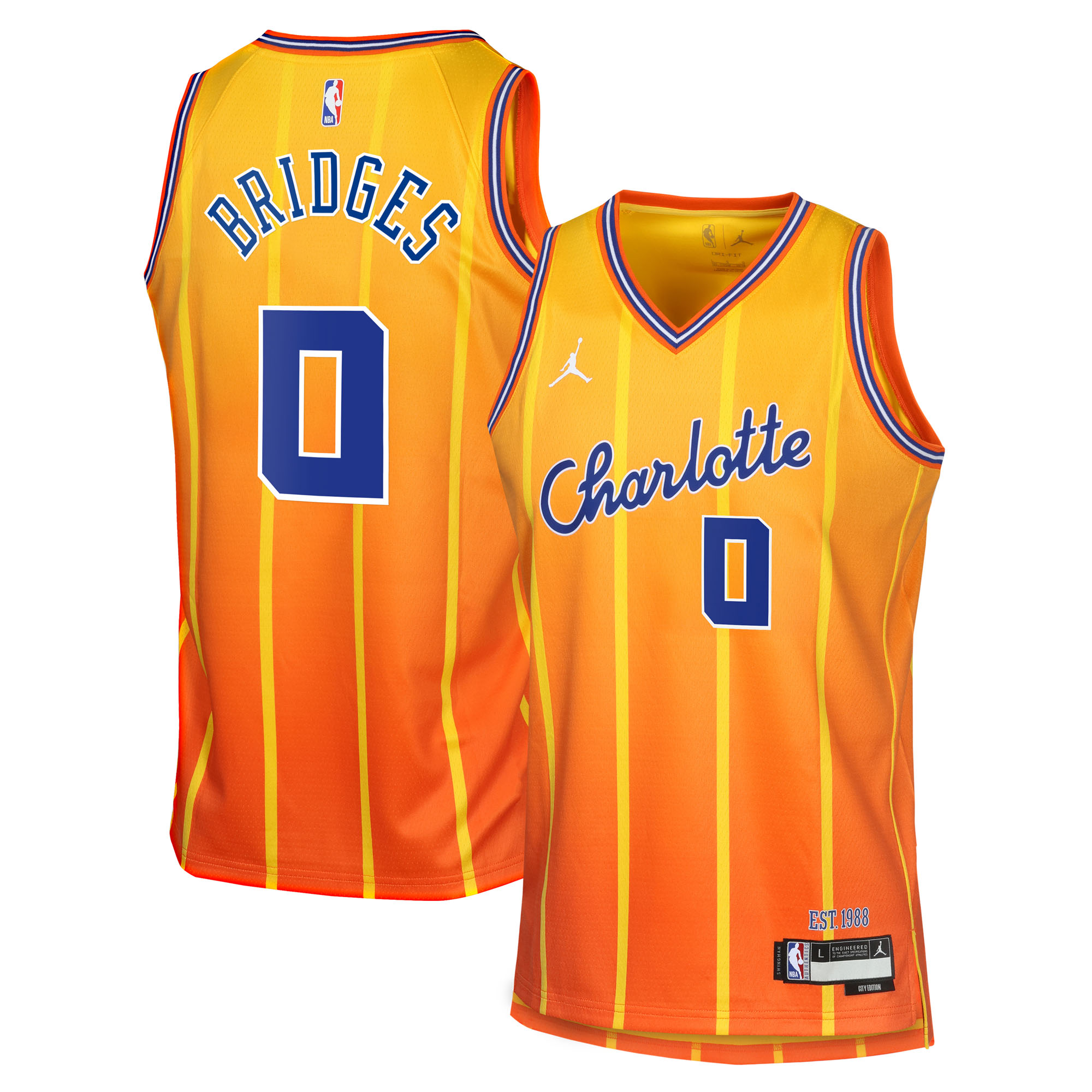Camiseta Swingman Edición Ciudad 2025/26 de los Charlotte Hornets, marca Jordan, color dorado, de Miles Bridges (juvenil)