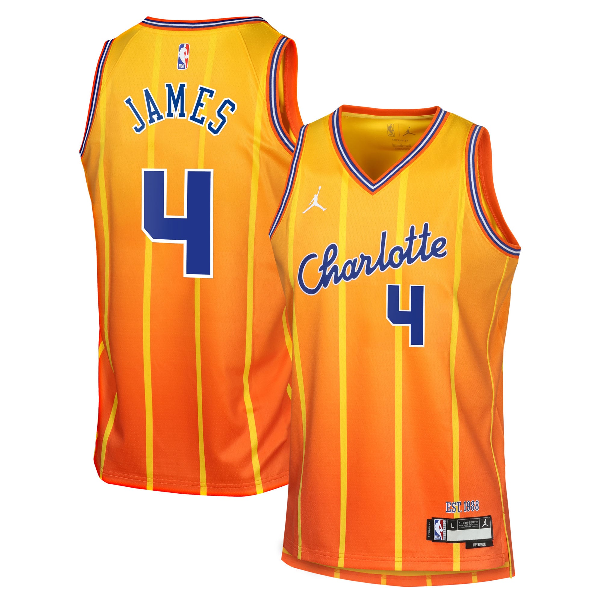 Camiseta Swingman Edición Ciudad 2025/26 de los Charlotte Hornets, marca Jordan, color dorado, de Sion James (juvenil)