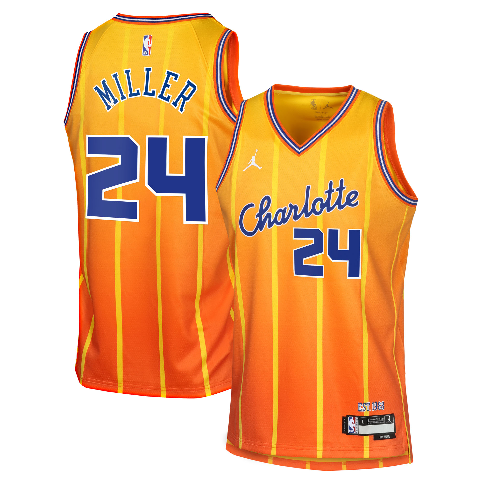 Camiseta Swingman Edición Ciudad 2025/26 de los Charlotte Hornets, marca Jordan, color dorado, de Brandon Miller (juvenil)