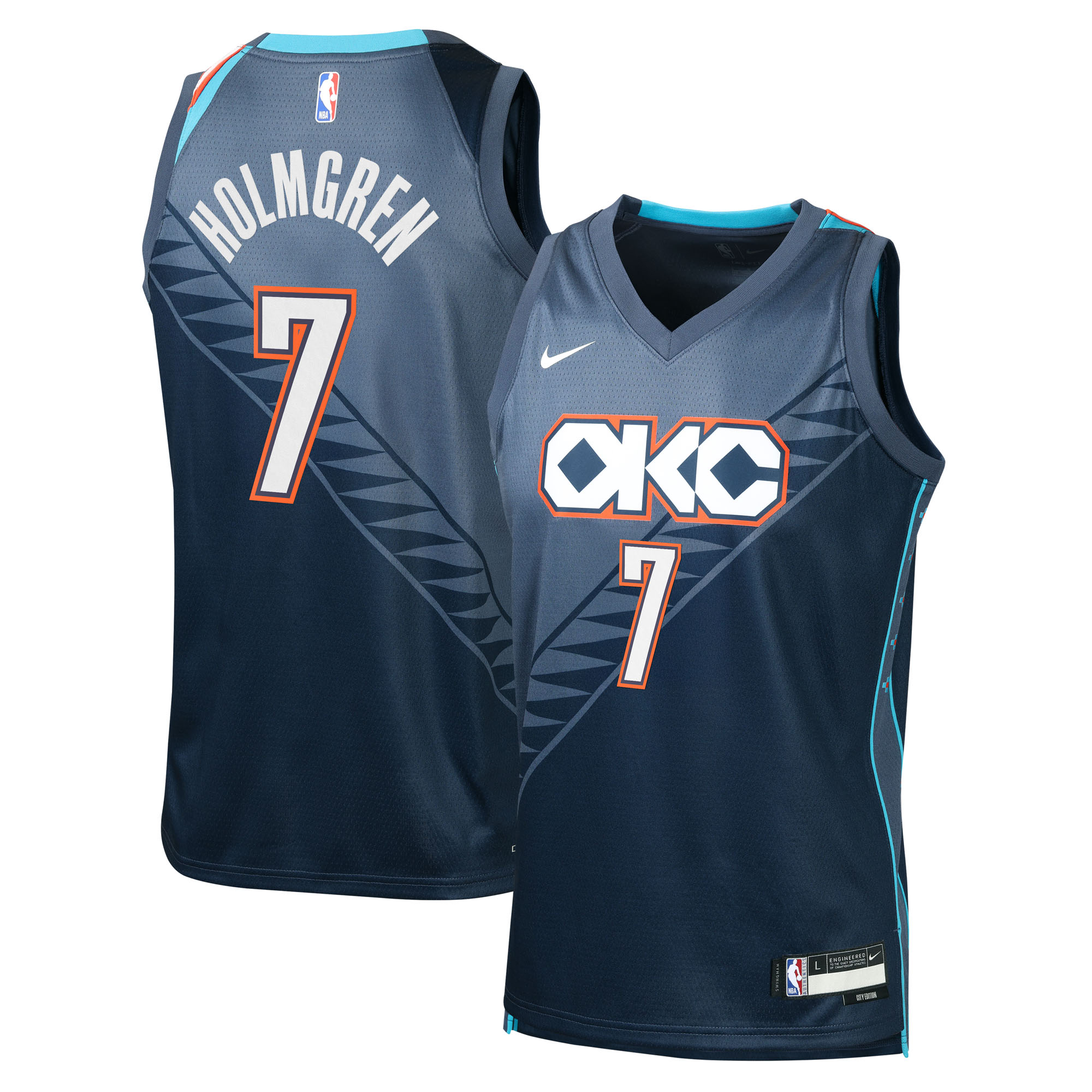 Camiseta Nike City Edition Swingman de los Oklahoma City Thunder, temporada 2025/26, gris, Chet Holmgren, para jóvenes.