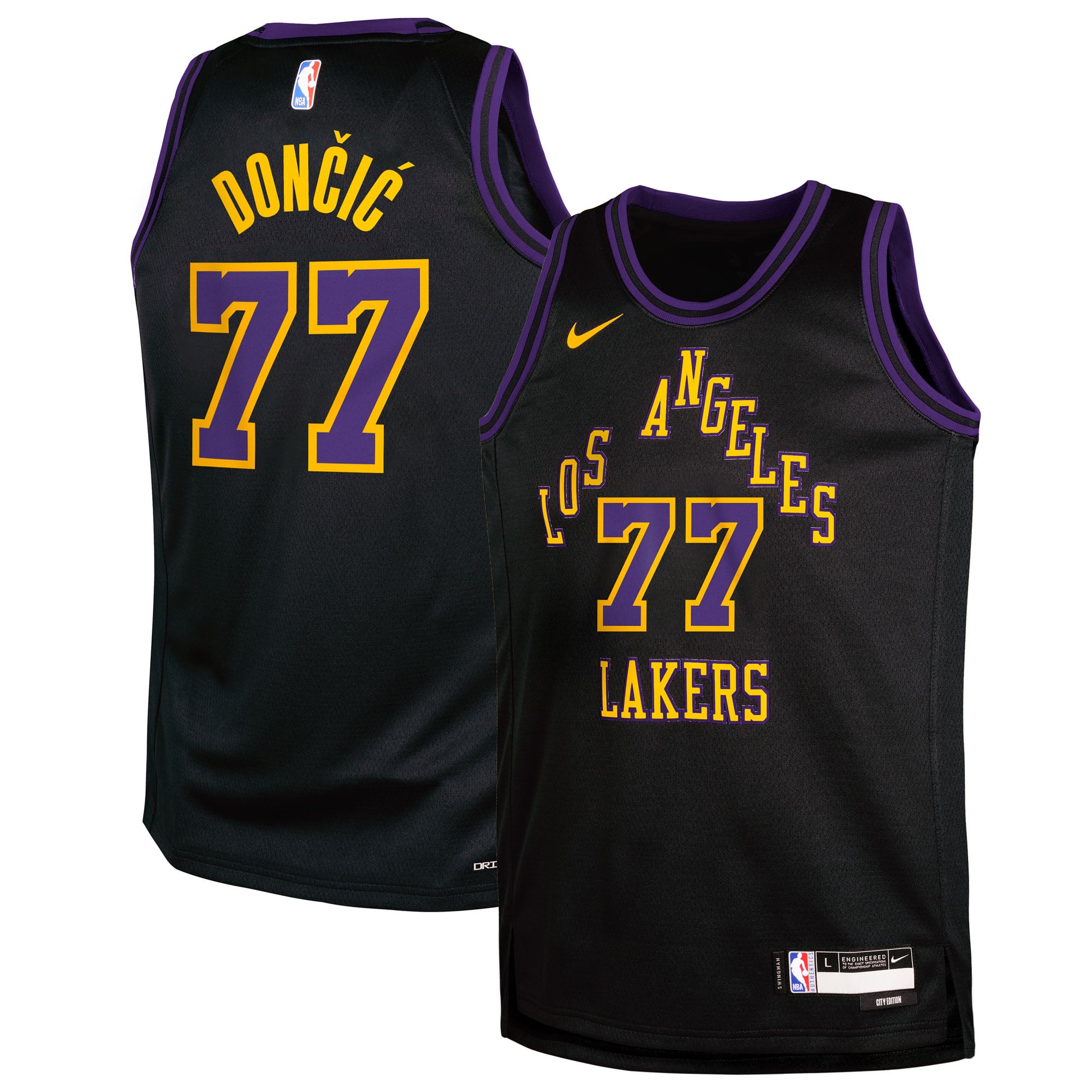 Los Angeles Lakers Nike City Edition Swingman-Trikot 2025/26 – Schwarz – Luka Dončić – Jugend