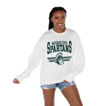 Women's Gameday Couture White Michigan State Spartans Oversized Swift Strike Long Sleeve T-Shirt
